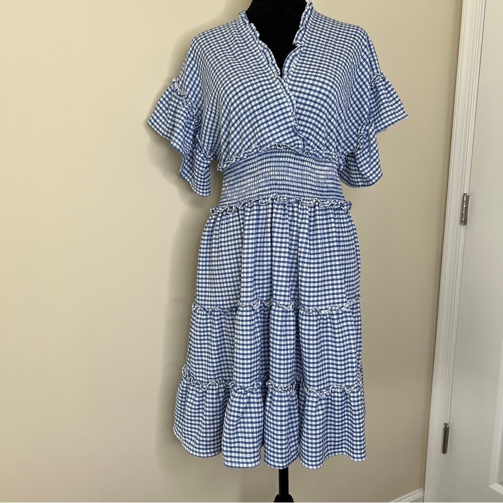 Max Studio Womens Size M Cottagecore Blue Gingham Midi Dress Smocked Waist  NWT